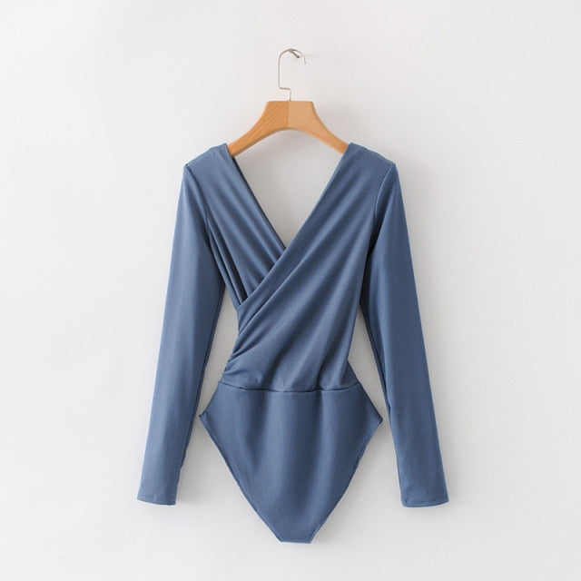 Long Sleeve Backless Wrap Bodysuit blue