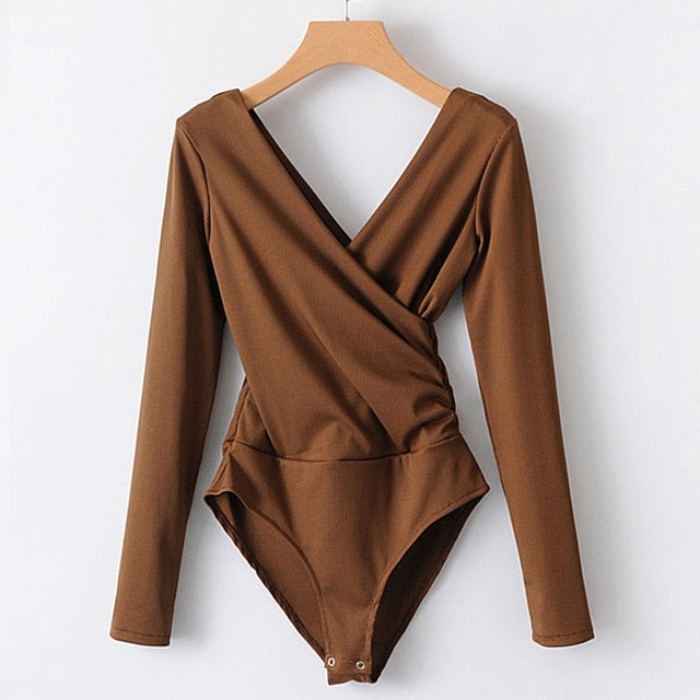 Long Sleeve Backless Wrap Bodysuit brown
