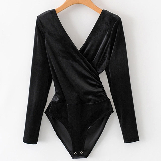 Long Sleeve Backless Wrap Bodysuit Fabric-Velour black