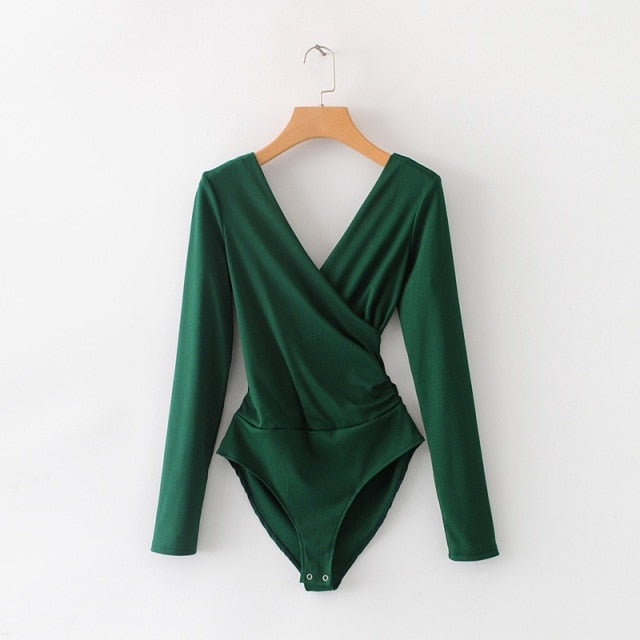 Long Sleeve Backless Wrap Bodysuit green