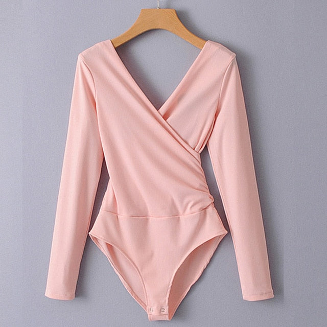 Long Sleeve Backless Wrap Bodysuit pink