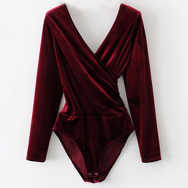 Long Sleeve Backless Wrap Bodysuit Fabric-Velour red