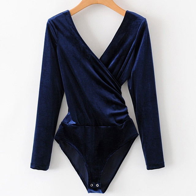 Long Sleeve Backless Wrap Bodysuit Velour dark blue