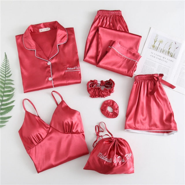 Seven-Piece Satin women's Pyjama Set Red