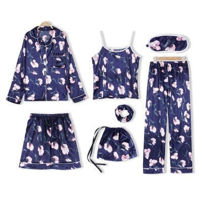 Seven-Piece Satin women's Pyjama Set mudan