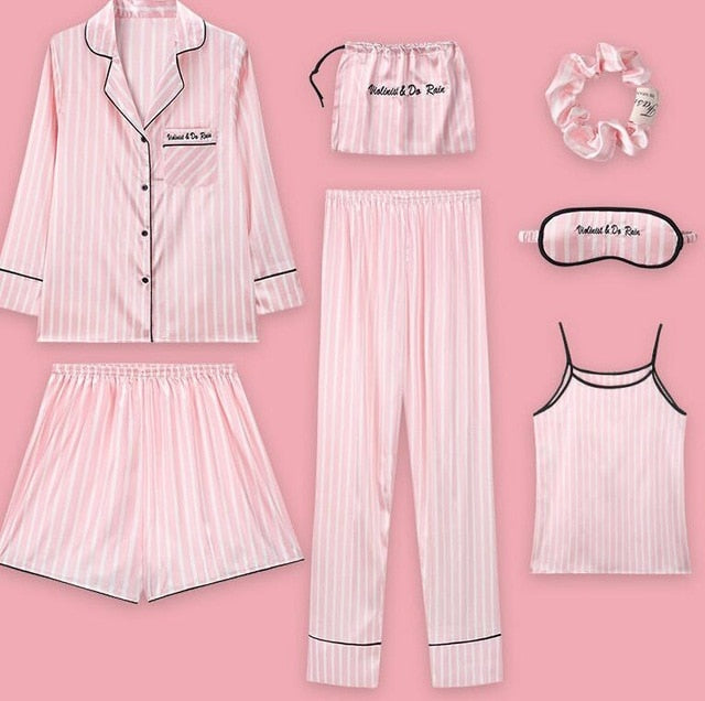 Seven-Piece Satin women's Pyjama Set pink
