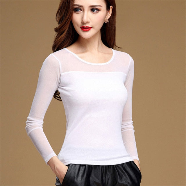 Turtleneck Long Sleeve Mesh Top O Neck White