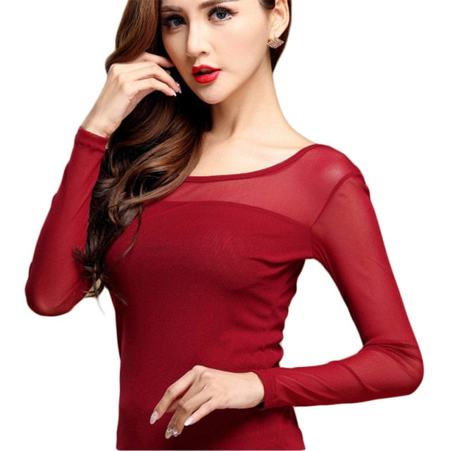 Turtleneck Long Sleeve Mesh Top O Neck Red