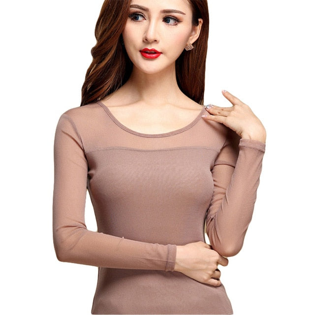 Turtleneck Long Sleeve Mesh Top O Neck Khaki