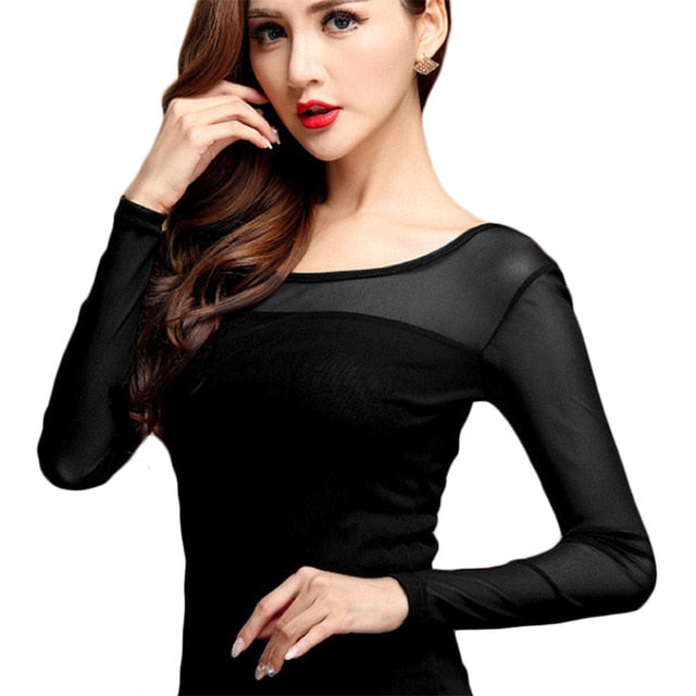 Turtleneck Long Sleeve Mesh Top O Neck Black