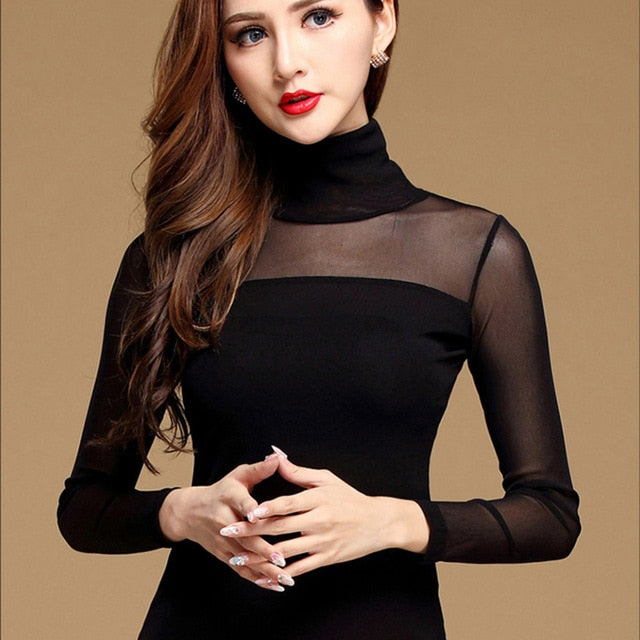 Turtleneck Long Sleeve Mesh Top High Neck Black