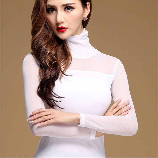 Turtleneck Long Sleeve Mesh Top High Neck White