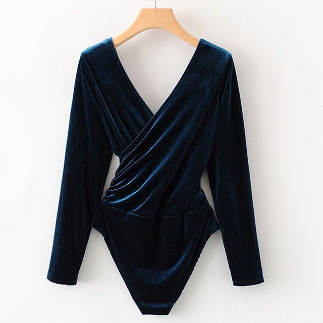 Long Sleeve Backless Wrap Bodysuit Fabric-Velour blue