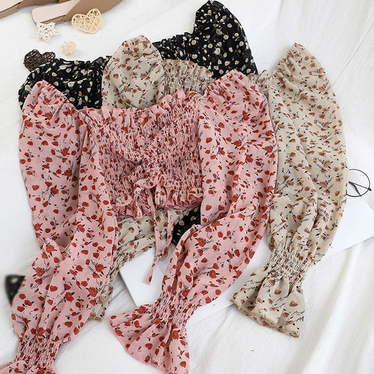 Long sleeve Square Collar Floral print Crop Top
