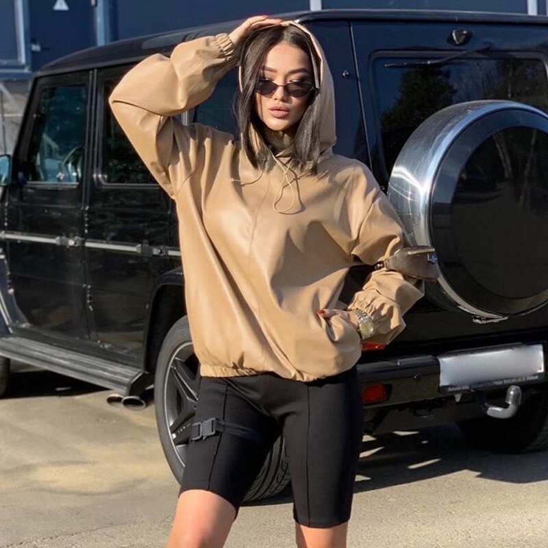 Faux Leather Hooded Sweatshirt