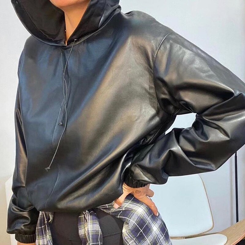 Faux Leather Hooded Sweatshirt