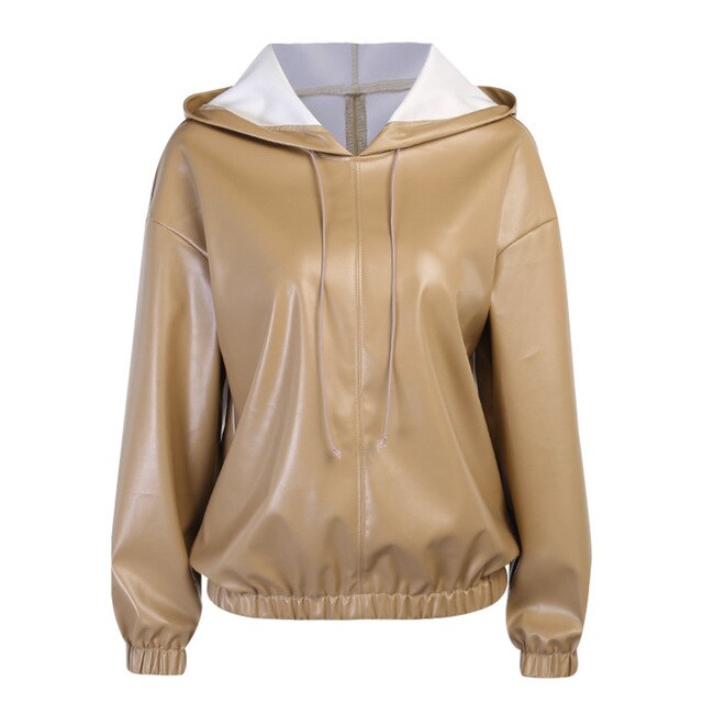 Faux Leather Hooded Sweatshirt