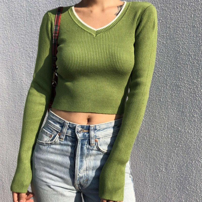 Vintage V-neck Long Sleeve Crop Top