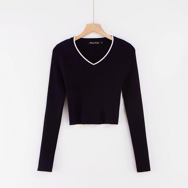 Vintage V-neck Long Sleeve Crop Top navy blue sweater