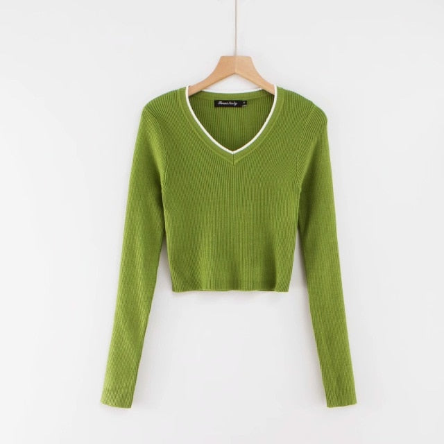 Vintage V-neck Long Sleeve Crop Top green sweater