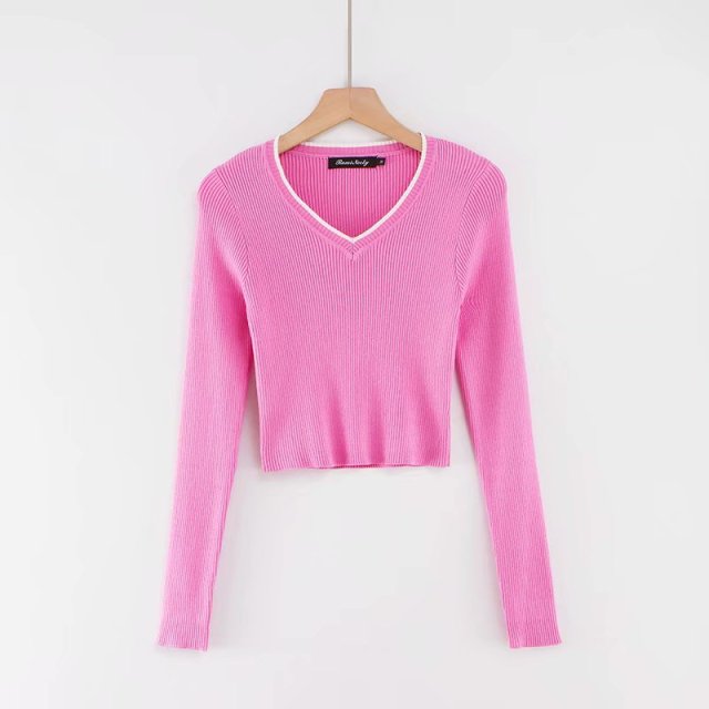 Vintage V-neck Long Sleeve Crop Top pink sweater