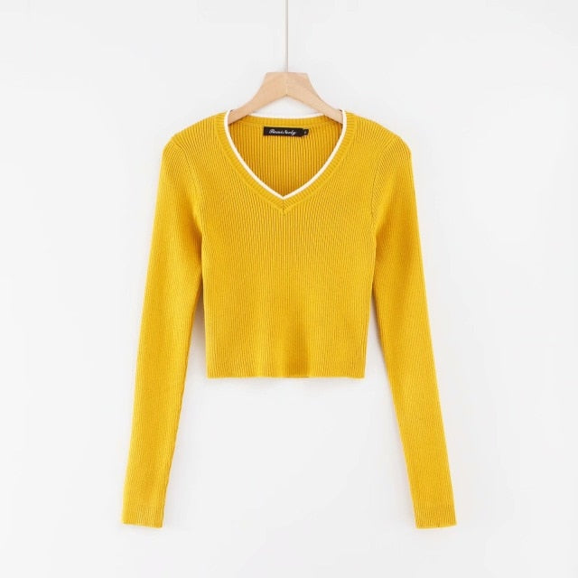 Vintage V-neck Long Sleeve Crop Top yellow sweater