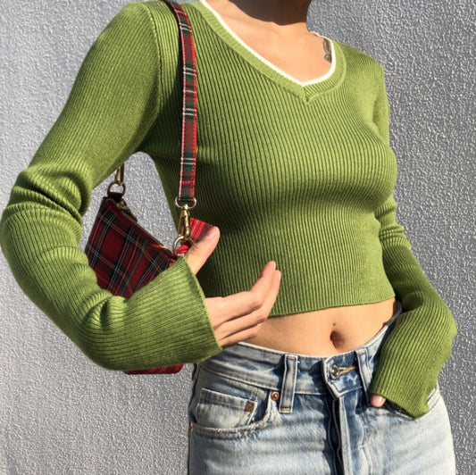 Vintage V-neck Long Sleeve Crop Top