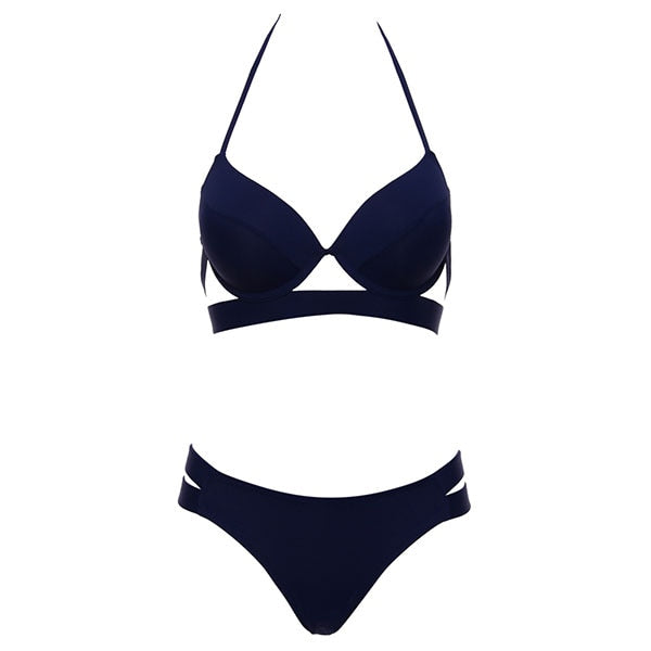 Push Up Low Waist Halter Neck Bikini set deep Blue