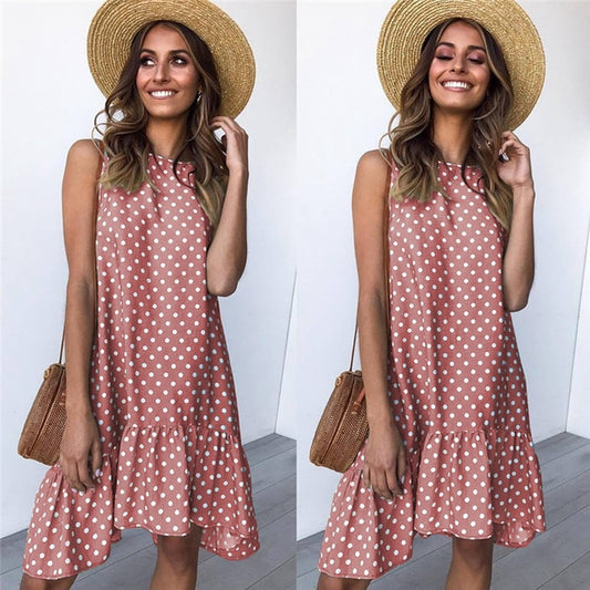 Polka Dot Chiffon Sleeveless Sundress Pink S