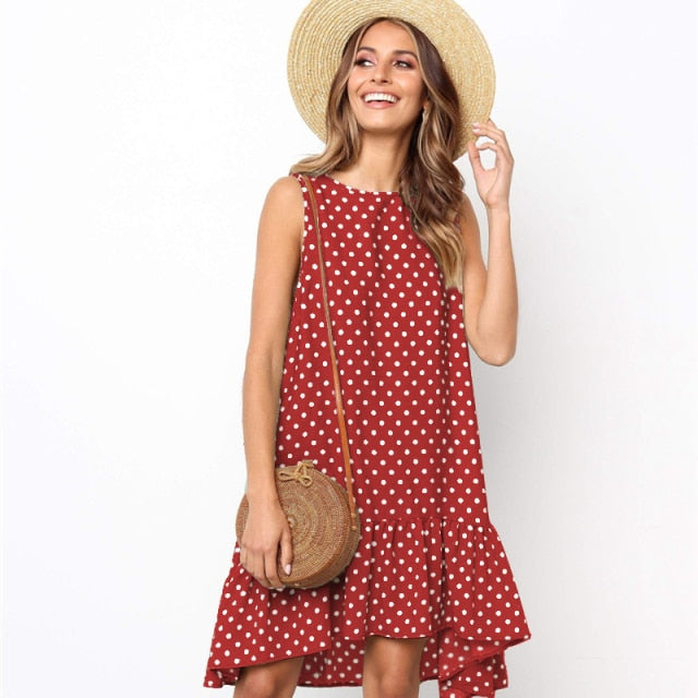 Polka Dot Chiffon Sleeveless Sundress Red S