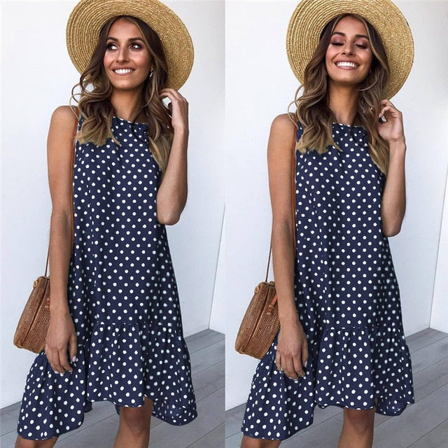 Polka Dot Chiffon Sleeveless Sundress Navy Blue S