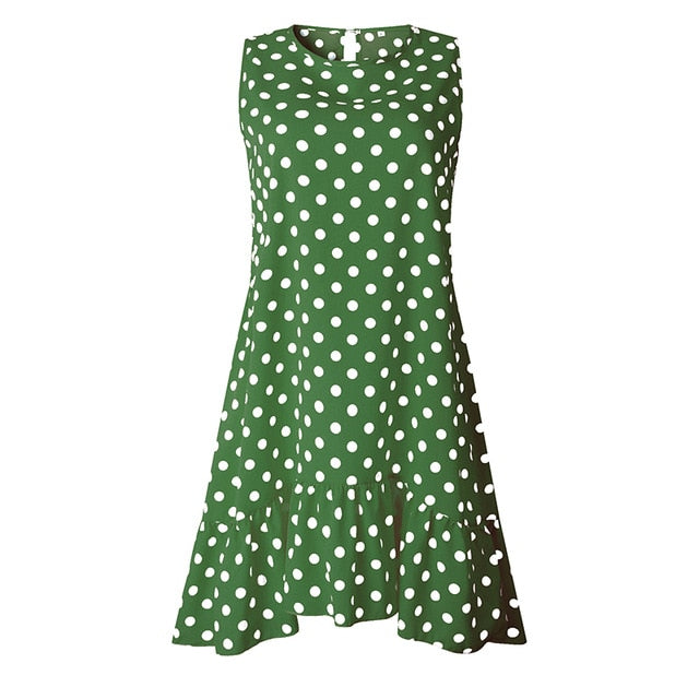 Polka Dot Chiffon Sleeveless Sundress Dark Green S