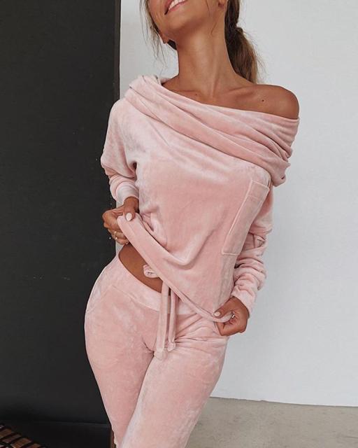 Two piece Set Tracksuit Velvet Lounge Suit Pink