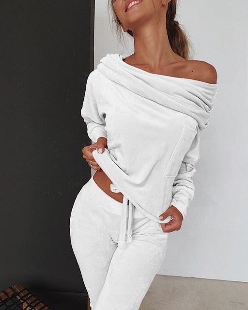 Two piece Set Tracksuit Velvet Lounge Suit White