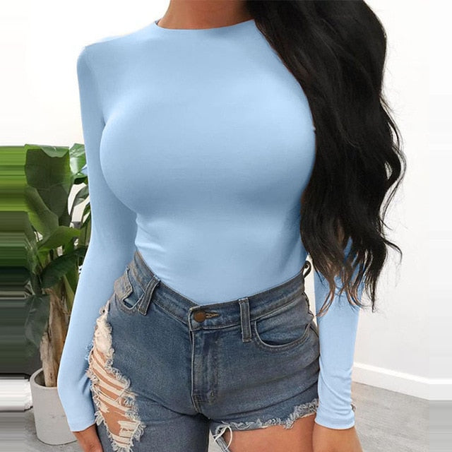 Long Sleeve square neck Bodysuit O Neck Blue