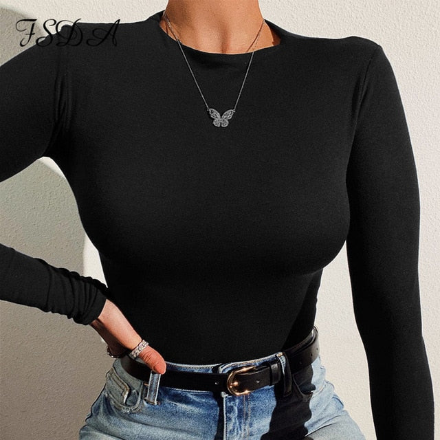 Long Sleeve square neck Bodysuit O Neck Black