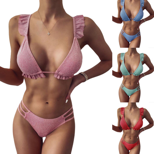 Ruffled low neck classic Bikini set