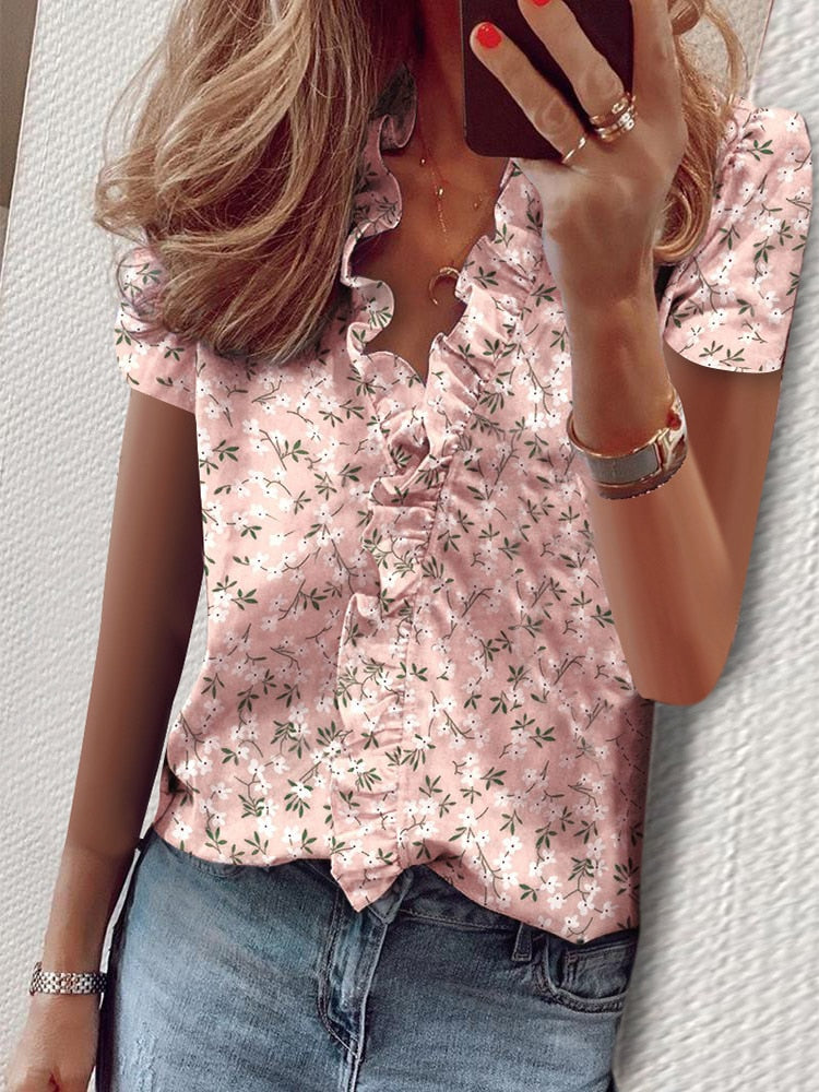 Ruffle detail short sleeve blouse