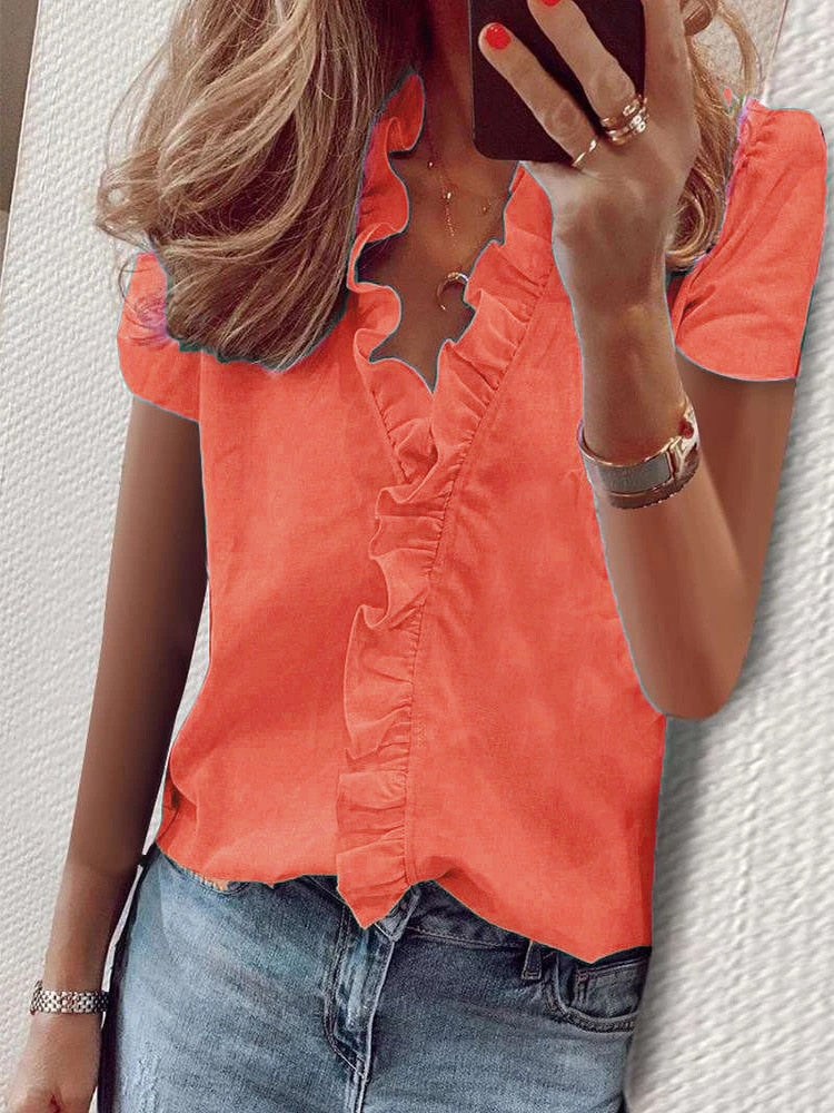 Ruffle detail short sleeve blouse