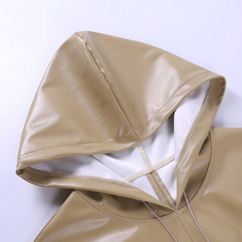 Faux Leather Hooded Sweatshirt