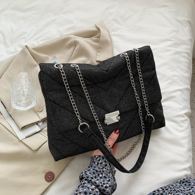 PU Leather Shoulder Handbag Denim Black 36x25x9CM