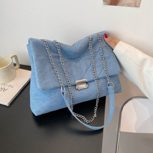 PU Leather Shoulder Handbag Denim Blue 36x25x9CM