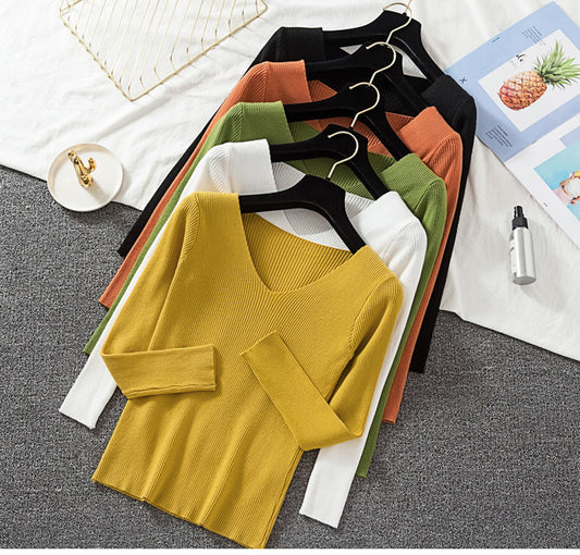 Knitted Long Sleeve V-neck autumn Top